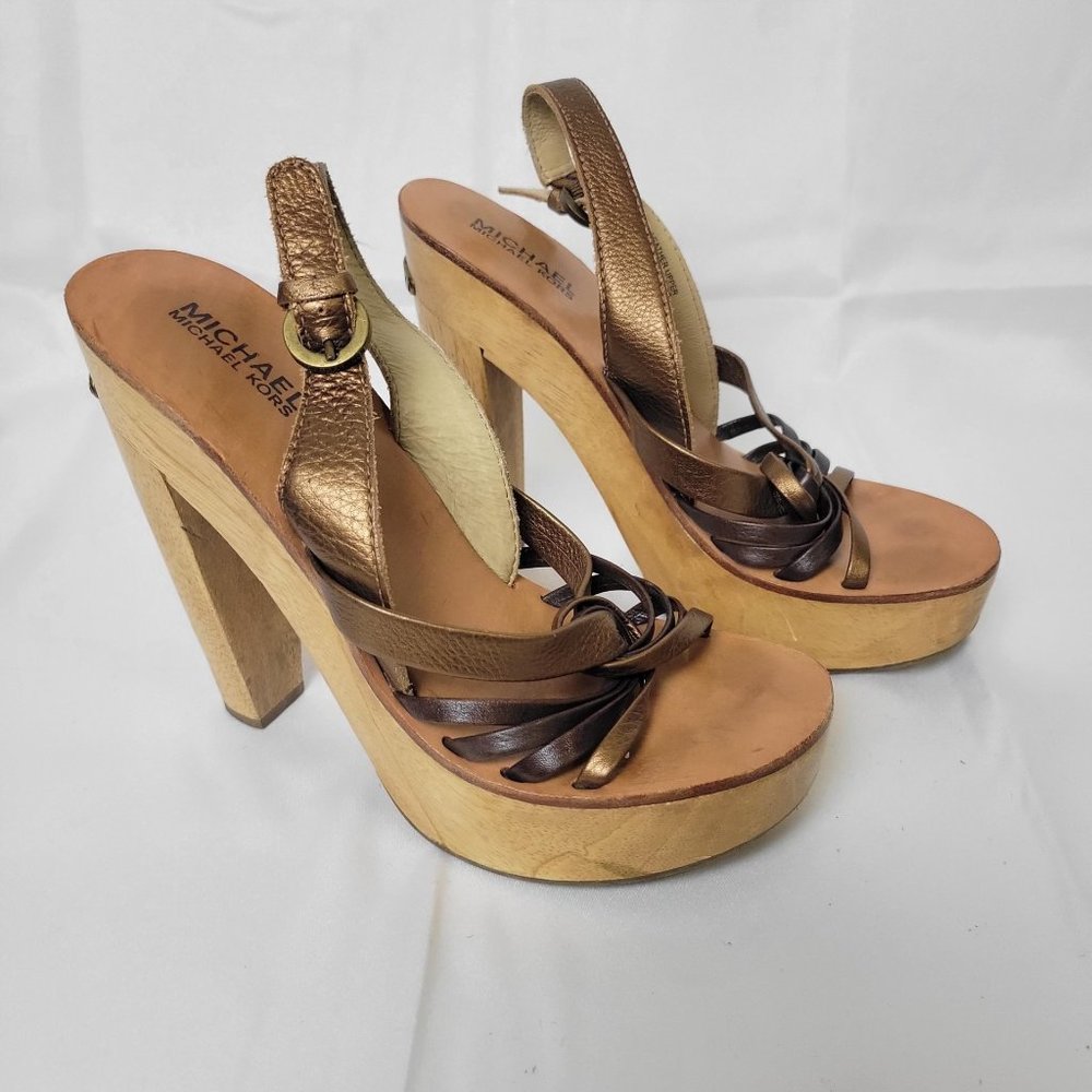 Michael Kors Womens Sandals Leather Wood Platform High Heels Brown Sexy Size 7.5